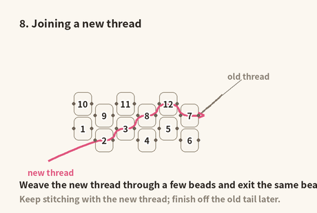 Joining thread: weave the new thread zigzag through a few beads and exit the same bead as the old thread, then keep stitching