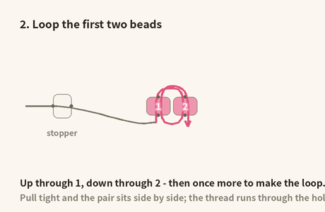 String two beads and pass through both again - the loop pulls them side by side