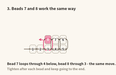 Bead 7 loops through bead 4 below it, bead 8 through bead 3 - repeat the same move across the row